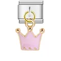Stainless steel Italian charm link with a cute pink enamel crown dangle pendant - Pink Crown Style (ICG208)