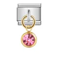 Stainless steel modular charm link featuring a round pink gemstone in gold-tone setting - Pink Rhinestone Round Style (ICG233)