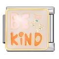 Close-up of 'BE KIND' enamel Italian charm module in gold-plated stainless steel - BE KIND Text (ICJ1590)