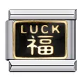 Close-up of Italian charm link featuring 'LUCK' and Chinese 'Fu' gold lettering - LUCK with Chinese Character Fu (ICJ427)