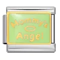 Stainless steel Italian modular charm link with green enamel and Mommy's Angel text - Mommy's Angel Pattern (ICJ883-1)