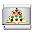 Italian charm link with gold-plated Christmas tree and colorful dots in stainless steel - Christmas Tree Pattern (ICJ108)