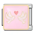 Close-up of pink enamel Italian modular charm featuring white doves and a pink heart design - Two Doves Heart Pattern(ICJ1588)