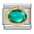 Detalle de un eslabón Italian charm con circón verde ovalado y borde dorado fino. - Strass Ovalado Verde Oscuro (ICJ861)