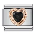 Vista detallada de un charm italiano de acero inoxidable con corazón de oro rosa y piedra negra - Corazón Oro Rosa Strass Negro (ICJ845)