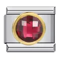 Primer plano de un eslabón de pulsera italiana de acero con circonita roja facetada - Base Dorada Strass Redondo Rojo (ICJ804)