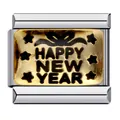Macro view of a stainless steel Italian charm link featuring Happy New Year gold design - Happy New Year Text (ICJ388)