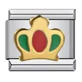 Stainless steel Italian modular charm featuring a gold-plated crown with red and green enamel - Red Green Enamel Crown Pattern (ICJ221-1)