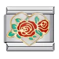 Italienisches Herz-Charm-Element mit einem roten Rosen-Emaille-Muster aus Edelstahl. - Rote Rose Herz-Stil (ICJ483)