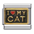 Charme en acier inoxydable avec gravure I Love My Cat pour bracelet modulaire italien - Fond Noir Bordure Dorée Chat de Cœur (ICJ810)