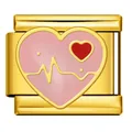Gold-plated stainless steel heart Italian charm with pink enamel and EKG line - Pink Red EKG Heart (ICJ3014)