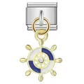 Stainless steel Italian modular charm with gold ship's wheel pendant and blue enamel - Blue White Rudder Style (ICG246)