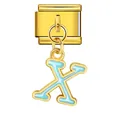 Close-up of gold stainless steel modular bracelet charm featuring a blue enamel letter X - Letter x (ICG551-x) / Gold
