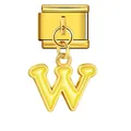Detailed view of gold Italian charm link with yellow enamel letter W dangling pendant - Letter w (ICG551-w) / Gold