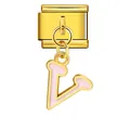 Detailed view of gold Italian charm with pink enamel letter V pendant - Letter v (ICG551-v) / Gold