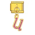 Detailed view of gold stainless steel modular charm with pink enamel letter U pendant. - Letter u (ICG551-u) / Gold