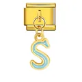 Elegant gold-tone Italian charm module with light blue enamel alphabet letter S dangle - Letter s (ICG551-s) / Gold