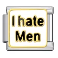 Close-up macro detail of Italian charm bracelet link with I hate Men text engraving - I hate Men Text Style (ICJ1944) / Silver and White Enamel