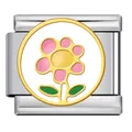 Detailansicht eines italienischen Charm-Glieds mit rosa Emaille-Blume für Modularmbänder - Silber und Rosa Blume