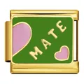 Custom gold stainless steel Italian charm with green enamel background and MATE text - MATE (ICJ600-1)