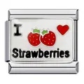 Italian modular charm link featuring 'I Love Strawberries' enamel design in stainless steel - I Love Strawberry Style (ICJ214)