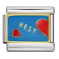 Italian charm bracelet link with blue enamel finish, BEST text, and red heart design - BEST (ICJ643-1)
