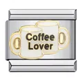 Edelstahl Italienisches Modul-Charm mit 'Coffee Lover' Tassen und goldenem Rand - Coffee Lover Kaffeetasse Stil (ICJ179-1)