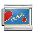 Blue enamel stainless steel Italian charm module featuring FRIEND text and hearts - FRIEND (ICJ644-1)