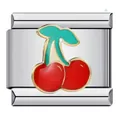 Italian modular charm with red cherry design in stainless steel for DIY bracelets - Cherry With Leaf Style (ICJ675)