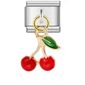 Stainless steel Italian modular charm link with a dangling red enamel cherry pendant - Dangle Cherry Style (ICG262)