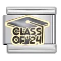 Graduation cap Italian charm link for bracelet featuring Class of '24 gold plated enamel - Class of '24 (ICJ1703)