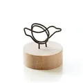 Minimalist bird-shaped wire memo holder mounted on a cylindrical vintage wooden base - Bird