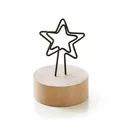 Star-shaped wire memo holder on a circular natural wood base for desks - Pentagram
