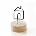 Minimalist wooden base note holder with black house-shaped wire photo clip for home decor - House