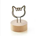 Vintage circular wooden base memo holder with cute cat-shaped wire clip desk accessory - Cat