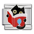 Maillon de bracelet italien en acier inoxydable avec motif chat noir et livre rouge - Chat Noir Regardant derrière un Livre (ICJ948-1)