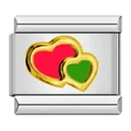 Charme de cœur modulaire en acier inoxydable pour bracelet italien avec émail rouge et vert - Style Double Cœur Rouge et Vert (ICY1302)