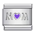 Breloque modulaire italienne en acier inoxydable avec cœur en émail violet et gravure MOM - Style Cœur MOM Argenté (ICY1311)