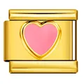 Maillon de breloque italienne en acier doré avec motif de cœur en émail rose. - Style Cœur Rose 3D Doré (ICY053-2)