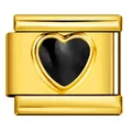 Pendentif modulaire italien plaqué or de haute qualité avec cœur en émail noir - Style Cœur Noir Doré (ICY413-2)