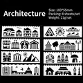 8pcs architectural drawing stencils for DIY painting and scrapbooking, 183x55mm - 8 Sheets Set / Buildings (Style 4)