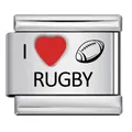 Custom stainless steel Italian modular charm link featuring I heart Rugby engraving - Rugby Pattern(ICK1491)