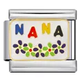 Italian modular link charm in stainless steel with colorful enamel NANA text and floral design - NANA Floral (ICJ217)