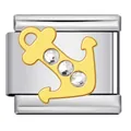 Gold anchor stainless steel Italian charm link with three faceted clear crystals - Anchor Rhinestone Style (ICJ2857) / Silver and Gold Anchor