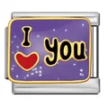 Italienisches Charm-Glied aus Edelstahl mit lila Emaille und 'I Love You' Herz-Design - Silber und Lila Emaille