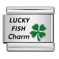 Detail view of a stainless steel Italian charm with green lucky clover design. - LUCKY FISH Style (ICK1517)