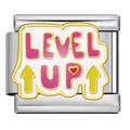 Detailed view of Italian charm link featuring Level Up text with heart and arrow motifs - Pink LEVEL UP Style (ICJ2293)
