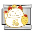 Detailed stainless steel lucky cat Italian charm link with gold 福 accent - Lucky Cat (J2879)
