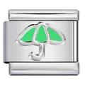Detailed macro view of silver stainless steel Italian charm link with green umbrella design - Green Umbrella