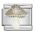 Detail view of a beige mushroom enamel charm on a stainless steel Italian bracelet link - Beige Mushroom Style (ICJ3535)